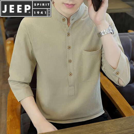 Jeep Spirit Algodón puro Camiseta de manga de 7 cuartos para hombres Collar de moda delgada de verano Hombres de altura de estilo chino