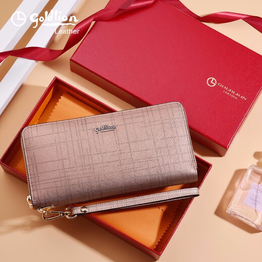 Goldlion women's long wallet, fashionable zipper handbag, real cowhide handbag, simple birthday gift for girlfriend, wife, officially authorized, get 10% off if you get a fake one, gold pink