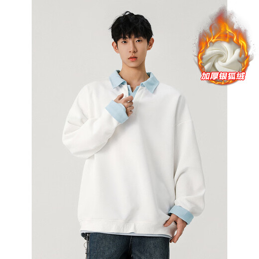 Extraordinary heavyweight thickened silver fox velvet spliced fake two-piece lapel Henry collar sweatshirt for men in autumn and winter large size loose bottoming shirt black plus velvet M