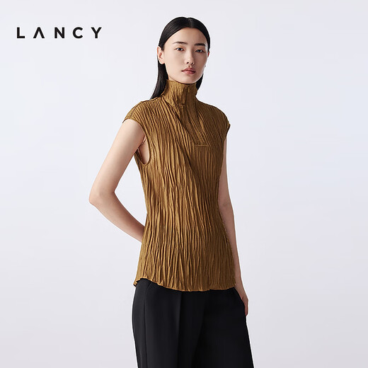 Langzi/LANCY2025 Winter New Design Fashionable High Collar Sleeveless Shirt Women's Retro Pleated Short Top Women Autumn Leaf Yellow M