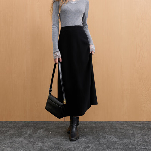 Sancai 2025 winter new high-waisted knitted skirt, skirt, A-line skirt, long skirt, simple temperament, M, classic black, L 165/72A