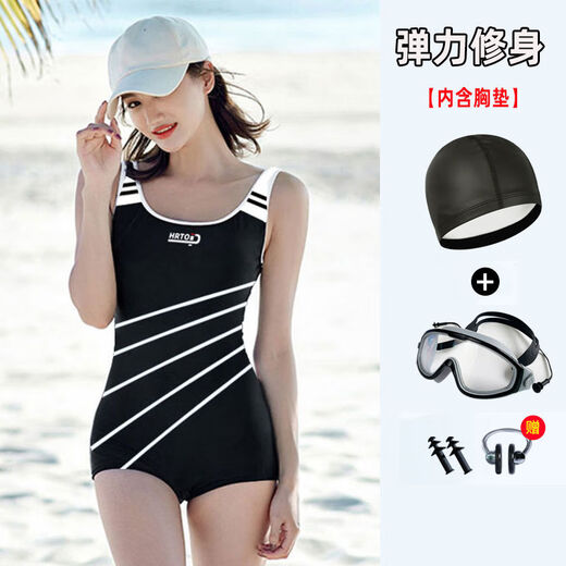 Women's swimsuit one-piece wetsuit for snorkeling, flat-angle slimming, sun protection, quick-drying surfing suit, jellyfish suit, swimming pool, black 5-piece set + swimming cap + swimming goggles + earplugs and nose clip M