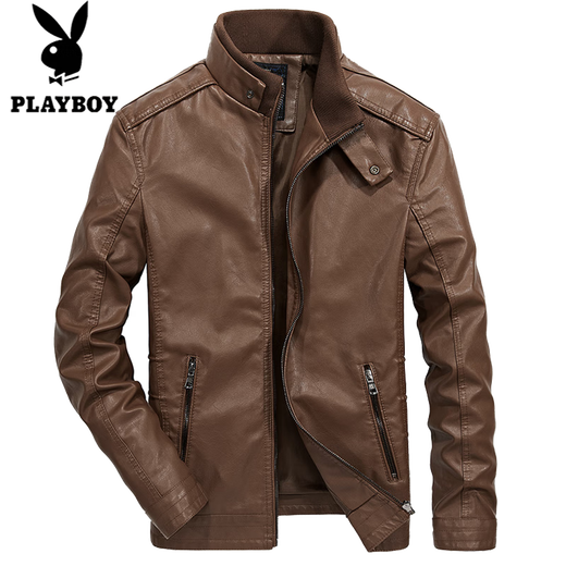 Playboy (PLAYBOY) Leather Jacket Men's Jacket Spring and Autumn Thin PU Leather Jacket Short Stand Collar Leather Jacket Men's Casual Fashion Slim Trend Black Thin XL 125-135Jin Jin is equal to 0.5 kg