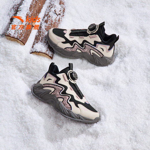 ANTA Children's Cotton Shoes for Girls and Big Kids Ridge Autumn and Winter New Product Plus Velvet Warm Leather Mesh Splicing Knob Button High Top Snow Boots Black/First Degree Gray-3 34