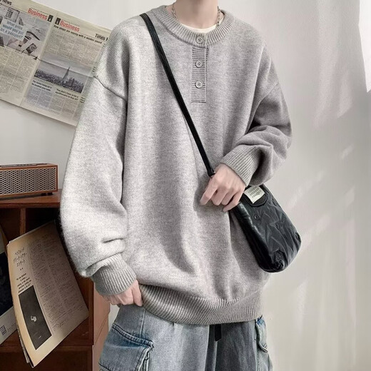 Autumn and winter American Henry collar sweater men's sweater American retro casual lazy style sweater men's solid color sweater dark gray 3XL