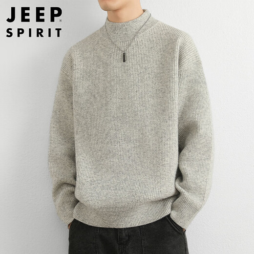 JEEP SPIRIT Jeep half-turtleneck sweater for men in autumn and winter trendy brand sweater for men with loose inner sweater, light gray XL