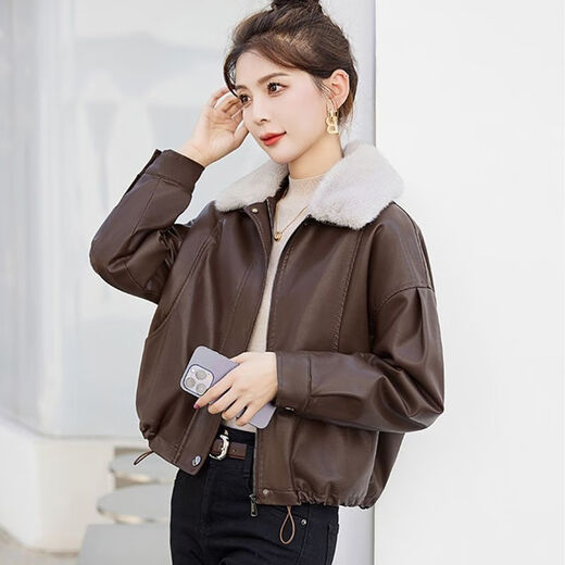 Playboy (PLAYBOY) brand Haining genuine leather jacket for women 2025 spring, autumn and winter new small fur one-piece fur jacket black velvet lining + detachable fur collar L Recommended 110-120 Jin Jin equals 0.5 kg