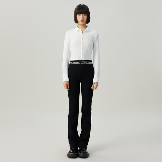 AMASS women's fashionable and versatile casual letter webbing four-sided elastic small black micro-flare formal suit pants for women 5100460 signature fabric-black M (size 3)