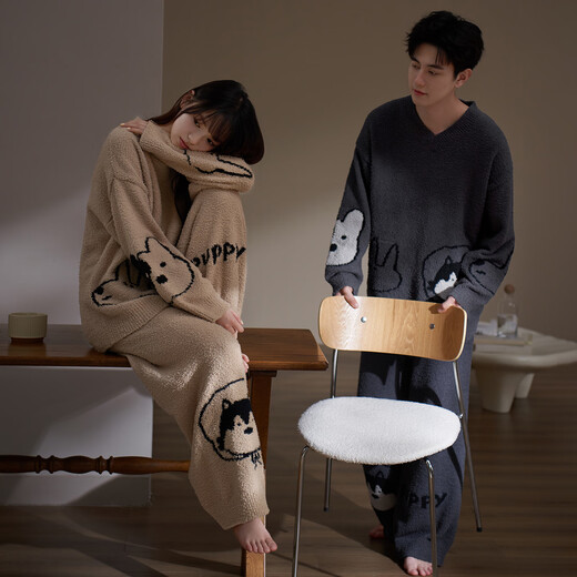 Princess Mark Half Velvet Couple Pajamas for Women in Autumn and Winter Cute Puppy Thickened Plush Wearable Home Clothes for Men BBRSZ906-Couples Men's XL