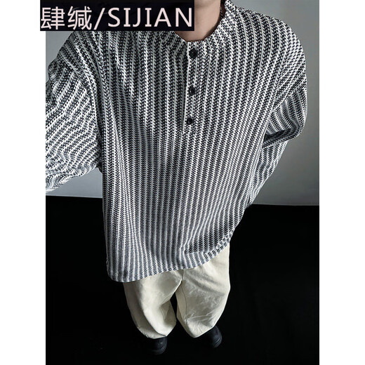 Si Yan black vintage henley collar sweater men's autumn and winter trendy brand lazy style pullover sweater style bottoming shirt black upgraded version M