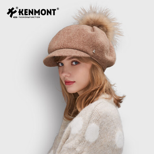 Kenmont raccoon fur ball woolen cute painter hat for women, versatile skin-friendly plus velvet warm octagonal beret, dark gray M adjustable (57.5c)