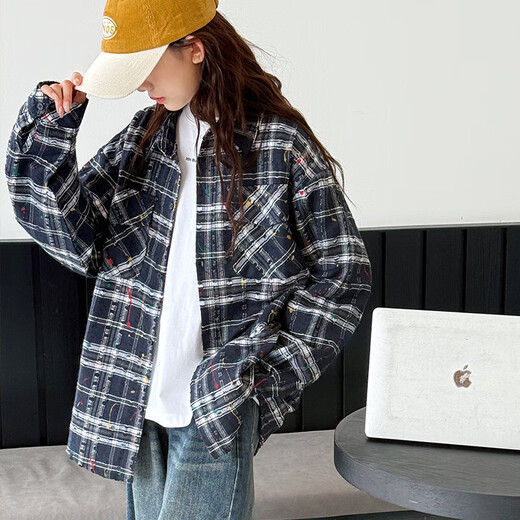 BJT Girls' Shirt 2025 Autumn New Children's Retro American-style Splash Jacket Big Children's Spring and Autumn Fashionable Top Navy Blue 160 cm