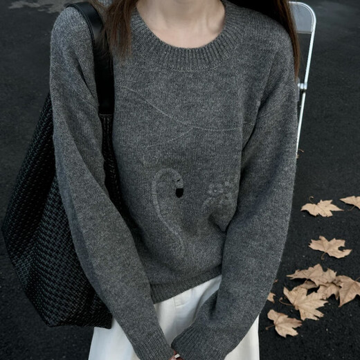 Baoye round neck 100% wool sweater pullover sweater for women autumn and winter style inner layering shirt loose and versatile knitted sweater top retro gray one size