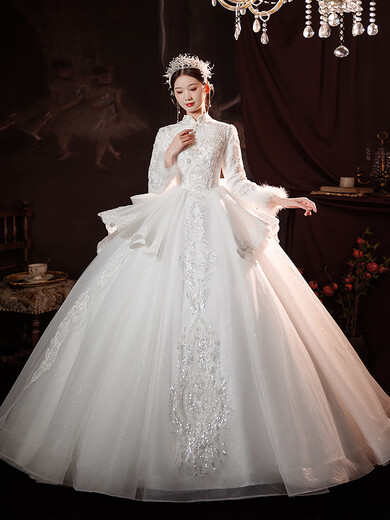 Rindu wedding dress bridal main wedding dress 2025 high-end winter main wedding dress 2025 new bridal French bow long-sleeved autumn floor-length wedding dress + three-piece set + 1.5 meter veil + gloves + bustle S S90Jin Jin is equal to about 0.5 kg