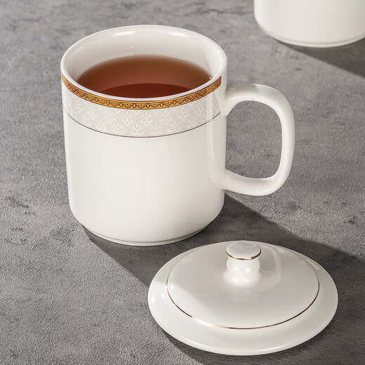 Light luxury conference tea cup with lid, simple household ceramic cup, office conference room reception tea cup, mug gift cup, Benli conference cup (Xiangyun) 218 400 ml