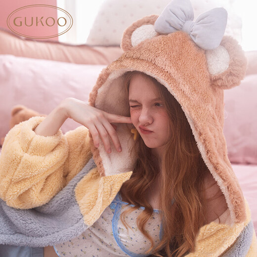 Gukoo Pajamas Women's Winter New Variety of Cute Women's Home Clothes Warm Hooded Cartoon Pajamas Light Blue XL
