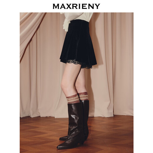 MAXRIENY French Retro Waist A-Type Velvet Shorts 25 Autumn Style Lace Splicing Umbrella Hem High Waist Skirts Women Black S