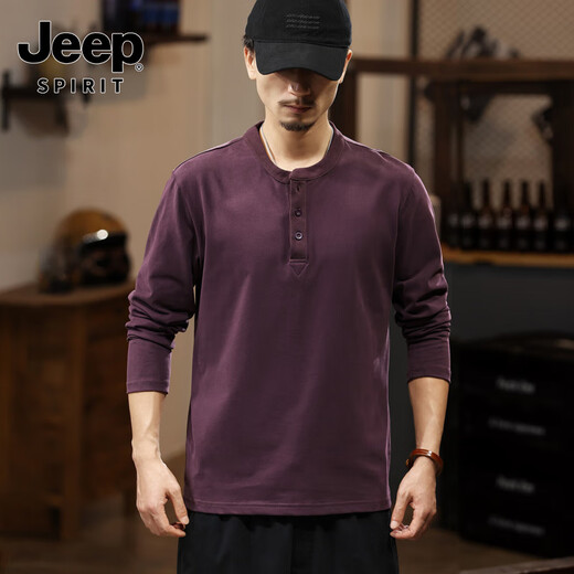 JEEP SPIRIT American classic Henry collar pure cotton long-sleeved T-shirt men's 2025 autumn casual sweatshirt men's loose bottoming shirt top purple XL
