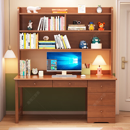 Huixun solid wood desk bookcase bookshelf combination computer desk bedroom home student writing desk multi-functional children's study table walnut color #desk + bookshelf 100cm*60cm*75cm total height 185cm