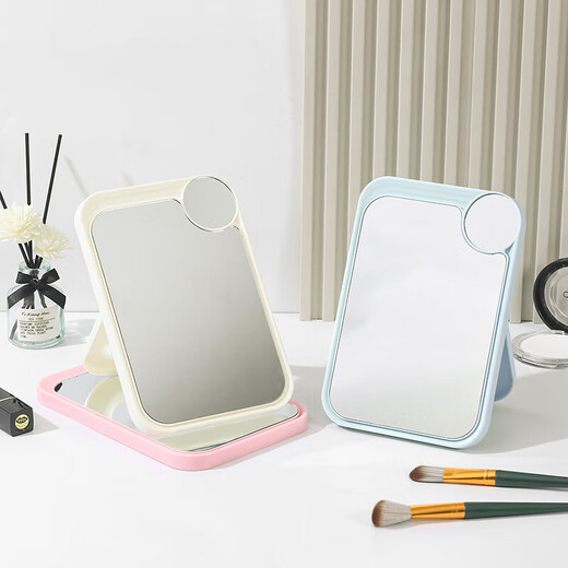 网红ins超高清化妆镜方形台式单面带放大小圆镜美发工具放大两用单面镜LED随身补光镜子 蓝色