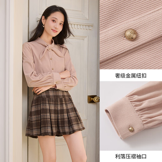 Xiangying pink long-sleeved shirt for women 2025 winter new bow collar age-reducing loose light workplace commuting shirt silver peony S