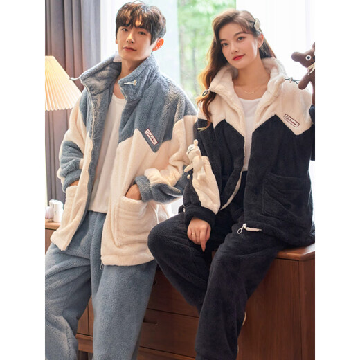 Langsha couple pajamas winter coral velvet zipper can be worn outside sports sweatshirts for men and women plus velvet thickened home clothes set Coral velvet zipper style suit-Yu 93377-78 L Female Recommended 100-125Jin Jin equals 0.5 kg
