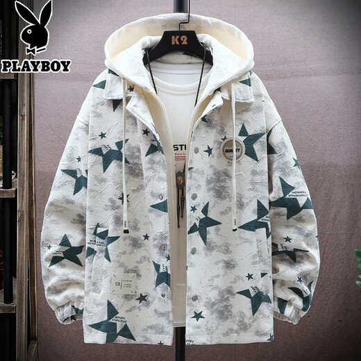 Playboy (PLAYBOY) fake two-piece hooded jacket for men in autumn and winter 2025 new velvet thickened jacket trendy brand youth workwear jacket 10223/W9903 Bear L (about 120~140Jin Jin is equal to 0.5kg can be worn)