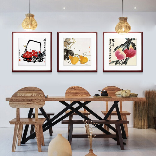 Zi Teng Suixuan Qi Baishi decorative painting new Chinese style living room background wall hanging painting bedroom dining room restaurant ink shrimp mural morning glory 40*40cm mahogany color solid wood frame