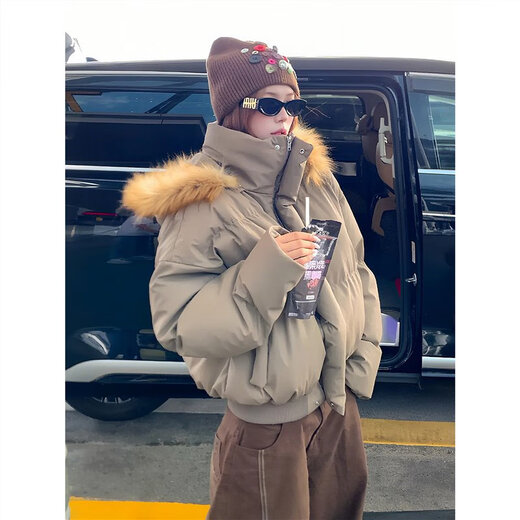 Lifting Removable Hat Fur Collar PU Leather Down Jacket Men's Autumn and Winter Thickened Short Bread Jacket American Style Hooded Jacket Brown S (Recommended 85-100 Jin Jin equals 0.5 kg)