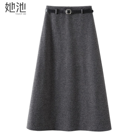 She pool textured woolen skirt women's 2025 autumn new style simple high waist mid-length solid color A-line skirt