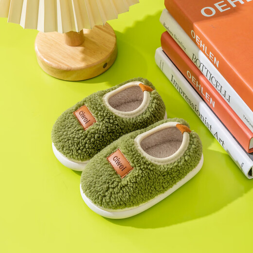 Children's cotton slippers, winter boys' indoor home shoes, non-slip soft soles, plush cotton shoes for girls and babies, cypress green, non-slip soft soles, size 26 27, suitable for feet 17-18cm long