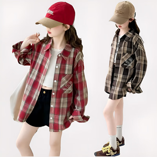 Girls' shirt long-sleeved spring and autumn 2025 new children's tops for girls and older children early autumn thin plaid shirt jacket coffee color 140