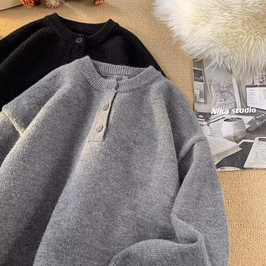 Autumn and winter American Henry collar sweater for men, American retro casual lazy style sweater for men, black 3XL