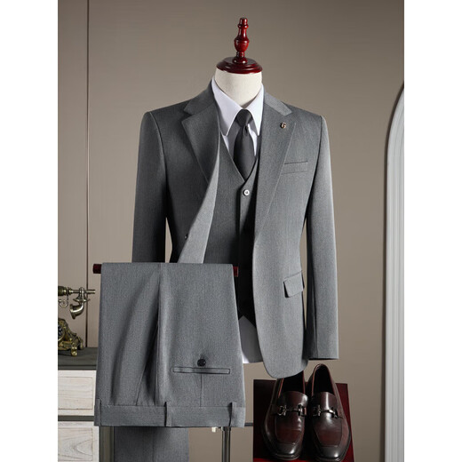 
SAINT ANGELO 2025 autumn suit men groom wedding dress business casual work professional small suit men two buckles - light gray vest three-piece set for tie XL 52