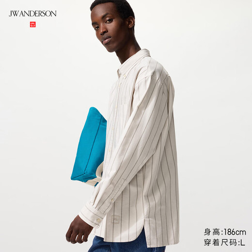 UNIQLO cooperation model/men's and women's Oxford loose striped shirt/long-sleeved shirt 25 autumn and winter 480802 31 beige M /170/92A