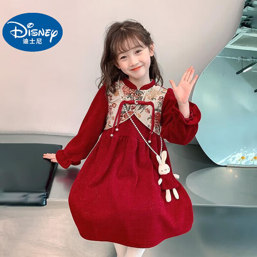 Disney Baby Girl Herbst- und Winterkleid 2025 New Children's Palace Rote Prinzessin Kleid kleines Mädchen Chinesische Stil Chinese Style Cheongam Rock Red (Winter plus Samt, Give Dolls) 130 (Upgrade -Modell)