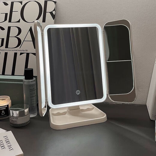 Ennai LED makeup mirror desktop with light folding magnification Internet celebrity dormitory desktop beauty bedroom dressing mirror for women exclusive version three-color light + charging use