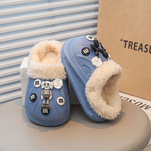 Children's cotton shoes for girls in autumn and winter indoor home warm waterproof anti-slip removable parent-child cotton slippers for boys winter royal blue 34.5 (suitable for feet 34-35)