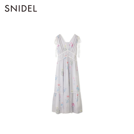SNIDEL [Same Model in Celebrity] 2025 Autumn and Winter New V-neck Sleeveless Lace-up Waist Printed Dress SWFO254120 Gray S (0)