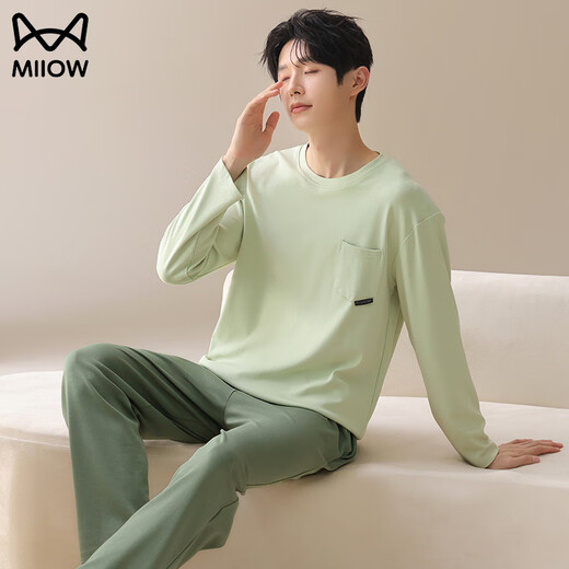 MiiOW Pure Cotton Pajamas Men's Spring and Autumn Long Sleeve Four Seasons Women's Autumn Style With Breast Pad Can Be Weared Out Full Cotton Home Clothes Set CKE-W5179A No Breast Pad M