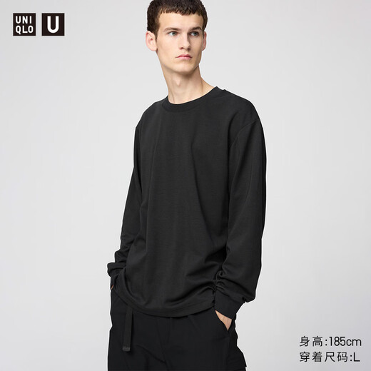 Uniqlo Men's Clothing / Same Master Master T Airism Cotton Blend Round Neck T-shirt à manches longues 479781 09 Black XL / 180/108B