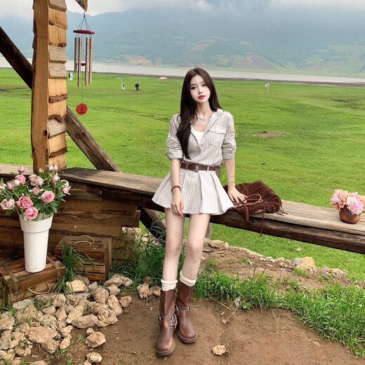 Lugeli Dress Women's Spring and Autumn New College Style Long Sleeve Dress Pure Desire French Style Waist Slim Pleated Skirt Striped Shirt Dress Belt M