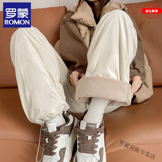 ROMON workwear down pants for women in winter, new style three-proof plus velvet thickening to keep out the cold and warm Northeast straight cotton pants, apricot M 27 (100-110Jin Jin equals 0.5kg)