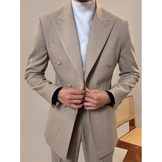 BG GLAMURB light luxury brand suit suit ready-to-wear brushed suit suit men's double-breasted lapel collar casual business suit khaki (suit + pants) L