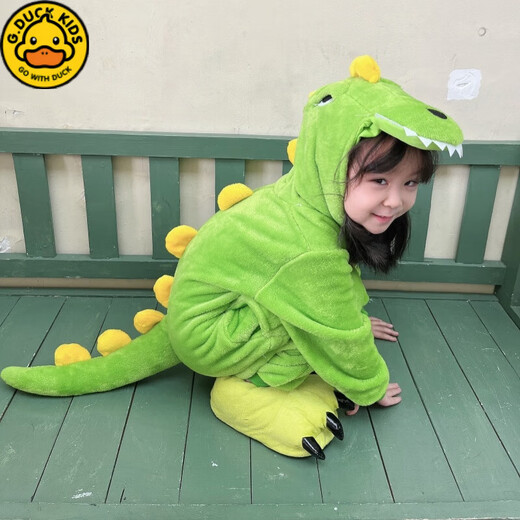 G.DUCKKIDS Cute Tyrannosaurus Pajamas Autumn and Winter Little Girls Boys Coral Velvet Cartoon Long Sleeve Girls Children One-piece Home Clothes Bean Green Dragon 165 Adult S# High 145-155 with Shoes
