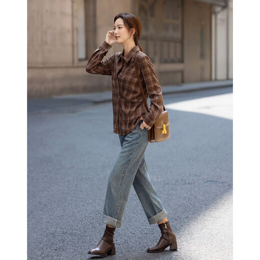 Demana Geometric Aesthetics Winter Intelligent Commuting Lapel Plaid Shirt Side Pleated Waist Shirt Women's Top
