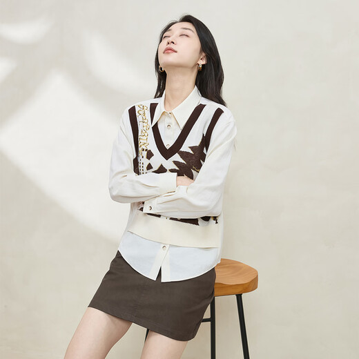 XIRAN 2025 Winter neue Mode modisches vielseitiges lässiges Design Nähte gefälschtes zweiteiliges Langarmshirt für Damen Creme Aprikose XL