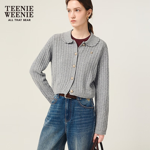 Teenie Weenie小熊女四季针织开衫2025秋新款少女感翻领舒适毛衣 灰色 S
