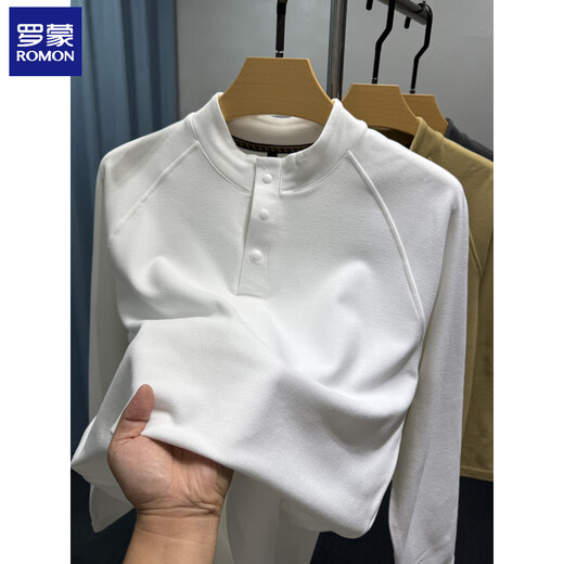 ROMON Henry collar velvet bottoming shirt for men, long-sleeved, warm in autumn and winter, with a brushed t-shirt for men, casual solid color sweatshirt, fog blue M 165