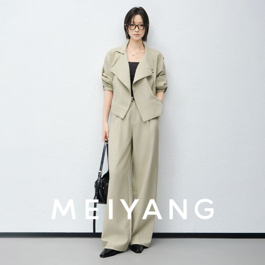 MEIYANG Melbourne No. 6 Suit Hemp texture commuting casual lapel jacket trousers cool temperament autumn new gray green (jacket + casual pants regular version) S